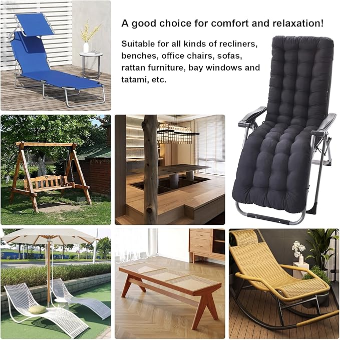 Extra Wide 69x19 Inch Patio Lounge Chair Cushion, Thick 4" Comfort & Non-Slip Pad with Secure Ties, Waterproof Chaise Lounge Cushion for Zero Gravity Chairs, Outdoor Indoor Furniture (Black)