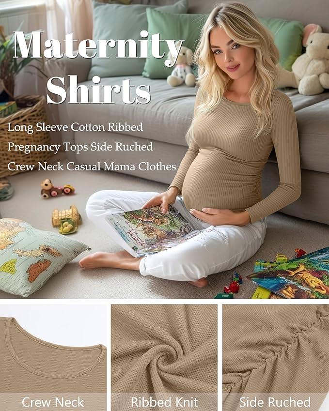 Huukeay 4 Pack Women's Maternity Shirts, Long Sleeve Cotton Ribbed Pregnancy Tops Side Ruched Crew Neck Casual Mama Clothes
