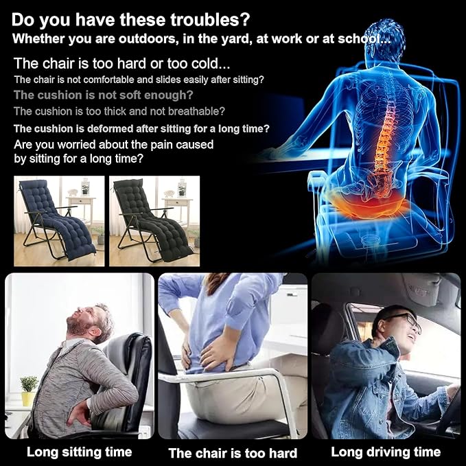 Extra Wide 69x19 Inch Patio Lounge Chair Cushion, Thick 4" Comfort & Non-Slip Pad with Secure Ties, Waterproof Chaise Lounge Cushion for Zero Gravity Chairs, Outdoor Indoor Furniture (Black)