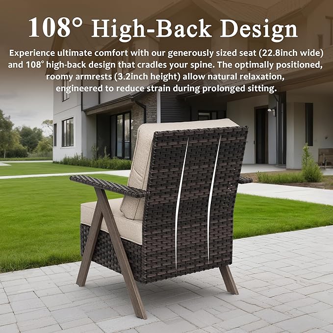 Outdoor Wicker Patio Chairs Set of 2, PE Rattan Patio Dining Chairs with Metal Frame and Deep Seating