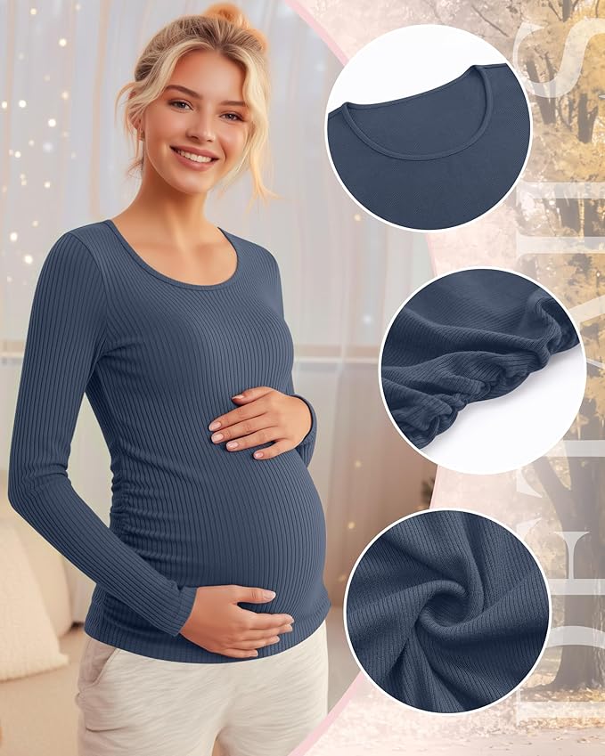 Riyiper 4 Pack Women's Maternity Shirts, Long Sleeve Cotton Ribbed Pregnancy Tee Top Crewneck Side Ruched Casual Mama Clothes