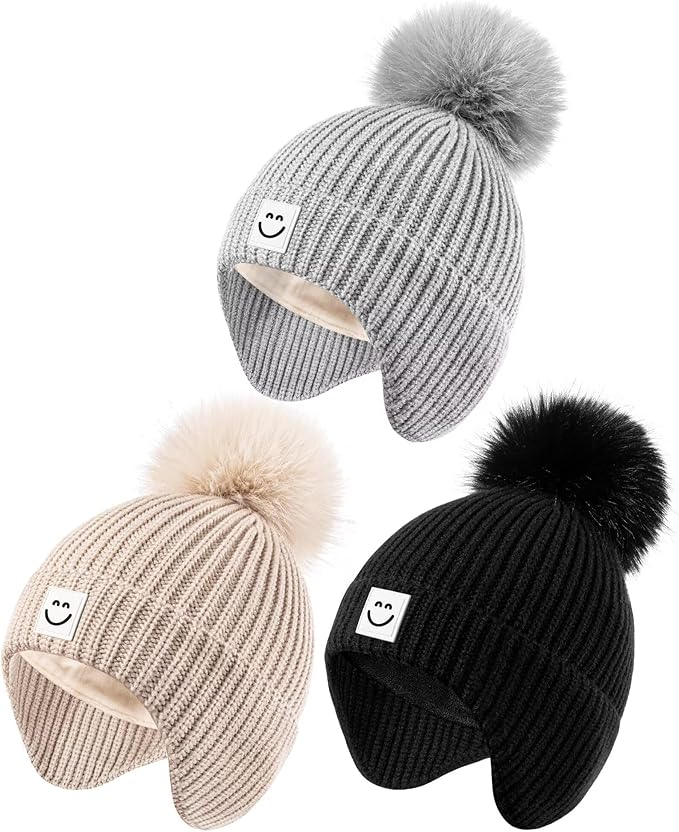 3 Pack Baby Winter Hats with Earflaps, 2 Size Kids Pom Pom Beanie for Infant Toddler Children, Smiley Face Hat for Girls Boys