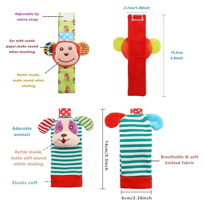 Wrist Rattles Foot Finder Rattle Toy for 0-4 Months Baby, Feet Leg Ankle Socks Arm Hand Bracelet Shaker for 4-8 Months Infant boy & Girl, Gift Set for 0-1 Years Newborn Babies (5 pcs-A)