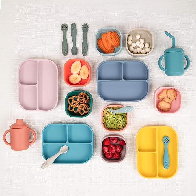 Bella Tunno Little Bites Bundle – Baby Feeding Set and Baby Led Weaning Supplies with 1 Baby Bowl, 1 Baby Plate, 3 Baby Utensils, 1 Cup, 2 Lids, 100% Food-Grade Silicone (Shooting Star)