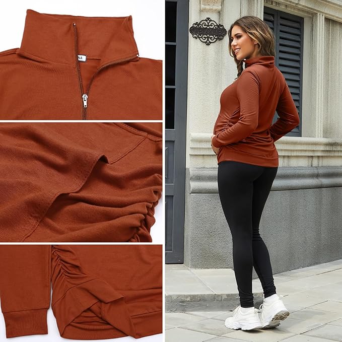 GINKANA Maternity Women's Long Sleeve Shirt Half Zipper Lapel Lightweight Casual Maternity Pullover with Pockets