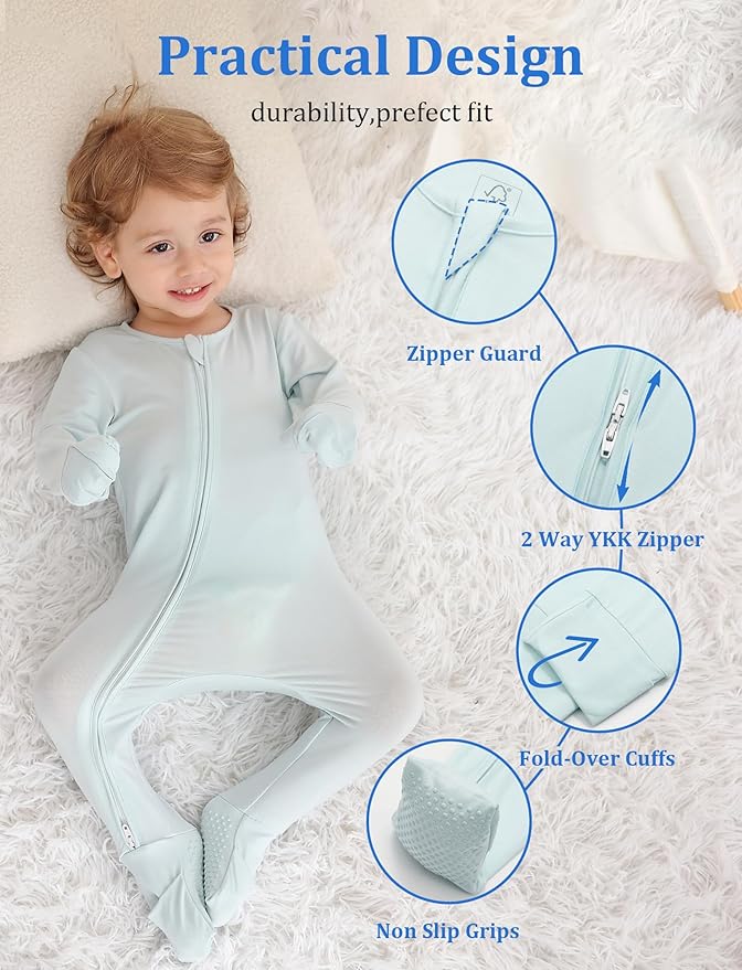 JunNeng Viscose from Bamboo Sleeper with Mittens, 2 Way Zipper Baby Boy Pajamas, Non Slip Sleep'N Play Romper
