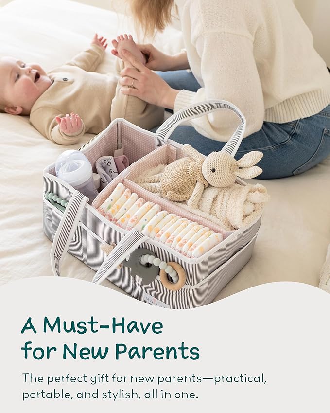 Lily Miles Baby Diaper Caddy Organizer, Girl Nursery Storage Basket with 8 Pockets, Baby Organizer and Storage, Easy-to-Clean Fabric, Large, Pink Blush