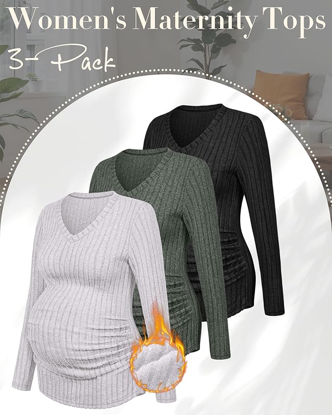 Ficerd 3 Pack Women's Maternity Shirts Ribbed Long Sleeve Pregnancy Tops V Neck Knit Side Ruched Pregnant Clothes Sweater