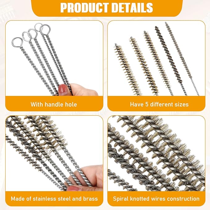 Wire Tube Brushes Bulk for Cleaning Pipe Tube Brass Stainless Steel Round Wire Brush for Auto Parts Christmas, Bottles, Tubes, 5 Sizes(10 Pieces)