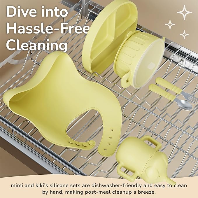 mimi & kiki BPA-Free Silicone Baby Feeding Set, Baby Plates and Bowls Set, Baby Led Weaning Supplies, Silicone Suction Plate, Baby Utensils, Bib and Cup, Self Feeding, Dishwasher Safe (Yellow)