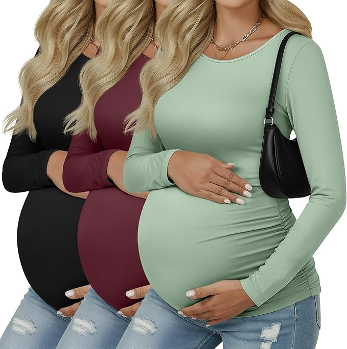 Ficerd 3 Pack Women's Maternity Shirts, Long Sleeve Side Ruched Pregnancy Tee Tops Crew Neck Casual Mama Clothes Basic Tunic