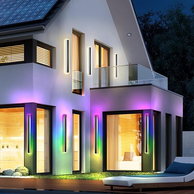 2 Pack Outdoor RGB Long Wall Lights, 23.6inch Wall Lights RGB/Warm/White Dimmable Modern Led Wall Lighting, Ip65 Waterproof Wall Sconce with Remote APP Control for Outdoor/Indoor Party Gathering