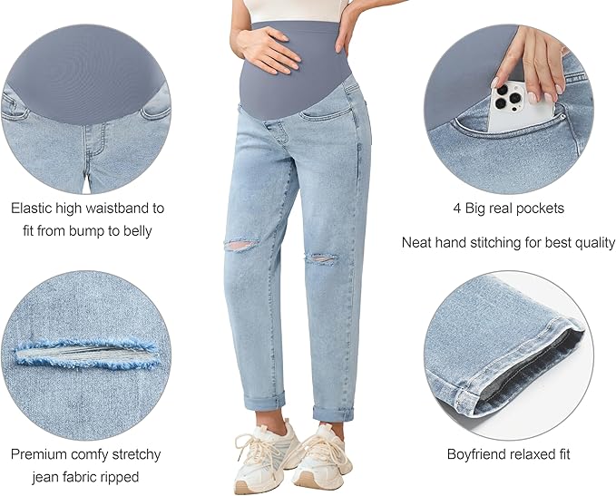 POSHGLAM Women's Maternity Jeans Over Belly Comfy Stretch 28'' Boyfriend Jeans Loose Pregnancy Pants, S-XXL