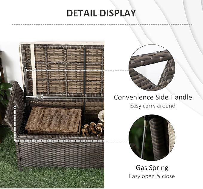 Outsunny 29 Gallon Patio Wicker Storage Bench, Outdoor PE Rattan Patio Furniture, 2-in-1 Large Capacity Rectangle Garden Storage Box with Handles and Cushion, Cream White