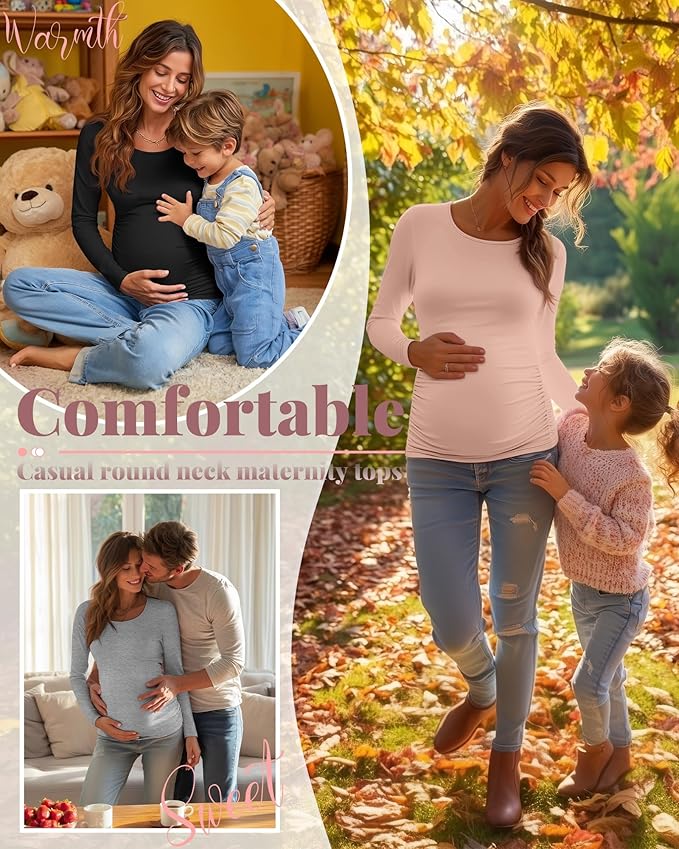 Ficerd 3 Pack Women's Maternity Shirts, Long Sleeve Side Ruched Pregnancy Tee Tops Crew Neck Casual Mama Clothes Basic Tunic