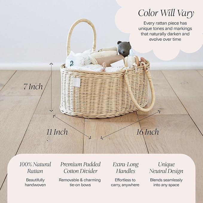BEBE BASK Premium Baby Diaper Caddy Organizer - Handmade Rattan Basket With Cotton Divider - Award-Winning & Luxury Diaper Caddy Basket - (SAVANNAH)