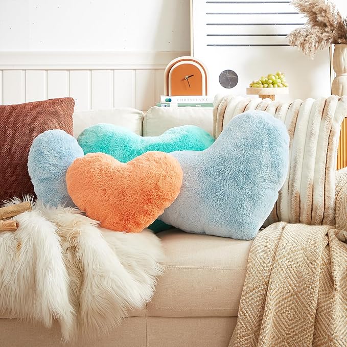 EastTree Heart Pillows, Light Blue Heart Shaped Pillows, Love Throw Pillows Gifts, Ultra Soft Faux Rabbit Fur Small Cute Pillows, Women Girls Kid Room Decor 10x13 Inch