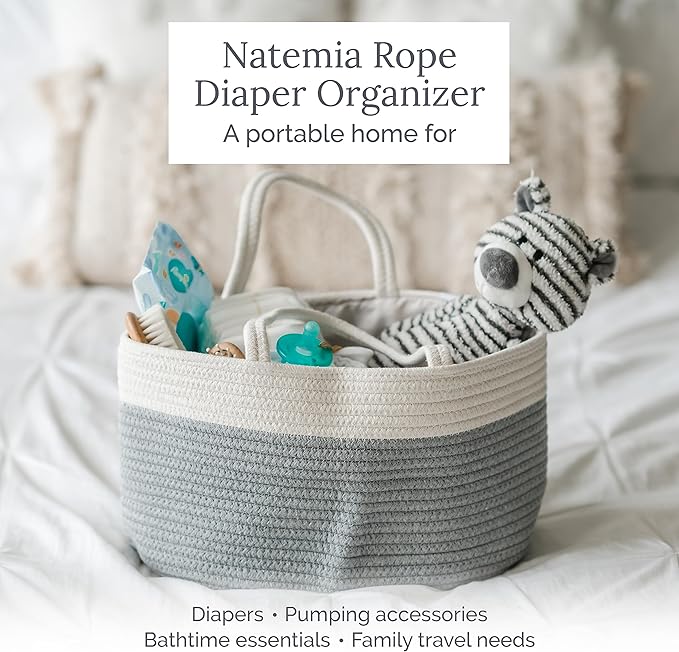Natemia Diaper Caddy Organizer (Lily Pad) - Portable Rope Handles & 3 Compartments for Baby Items - Storage Basket for Newborn Essentials - Fits Spectra Breast Pump & Accessories - Registry Must Have