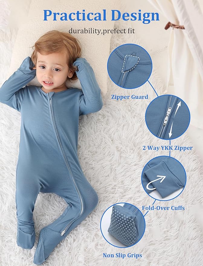 JunNeng Viscose from Bamboo Sleeper with Mittens, 2 Way Zipper Baby Boy Pajamas, Non Slip Sleep'N Play Romper