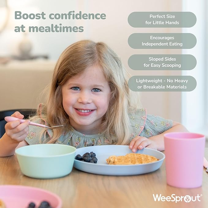 WeeSprout Bamboo Plates with Silicone Lids, Set of 4, Kid-Sized Dinnerware, Cereal, Leftovers & Snacks, Dishwasher Safe Melamine Dishware (Blue, Yellow, Orange, and Red)