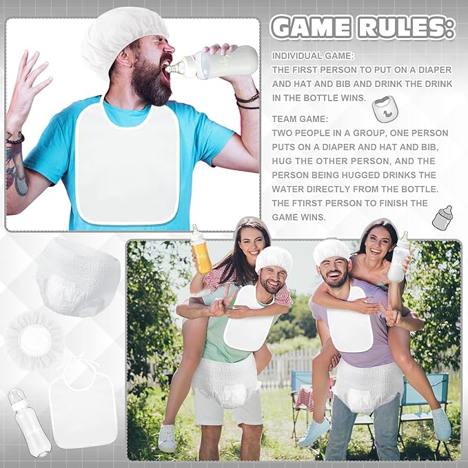 6 Sets Bottle Chug Baby Shower Games Juegos Para Plastic Baby Bottles Bibs Hat Disposable Diapers Gender Reveal Games Baby Changing Diaper Race Game Decoration (White)