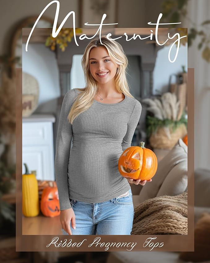 Huukeay 4 Pack Women's Maternity Shirts, Long Sleeve Cotton Ribbed Pregnancy Tops Side Ruched Crew Neck Casual Mama Clothes