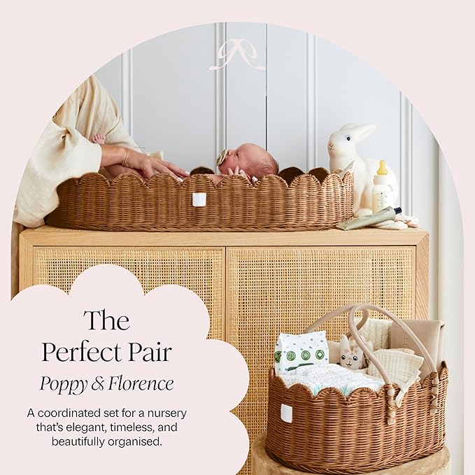 BEBE BASK Premium Baby Diaper Caddy Organizer - Handmade & Award-Winning Scalloped Rattan Basket - Luxury Diaper Caddy Basket - Elegant Scalloped Edge (Mocca)