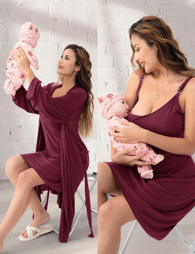 SUNNYBUY Women's Nursing Nightgown Maternity Robe Set, 3 in 1 Labor Delivery Breastfeeding Dress Postpartum Sleepwear