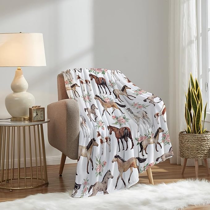 Horse Rose Blanket for Baby Girls Flowers Throw Blanket for Boys, Lightweight Cute Horses Soft Flannel Blankets for Kids Gifts, 30x40 Inches