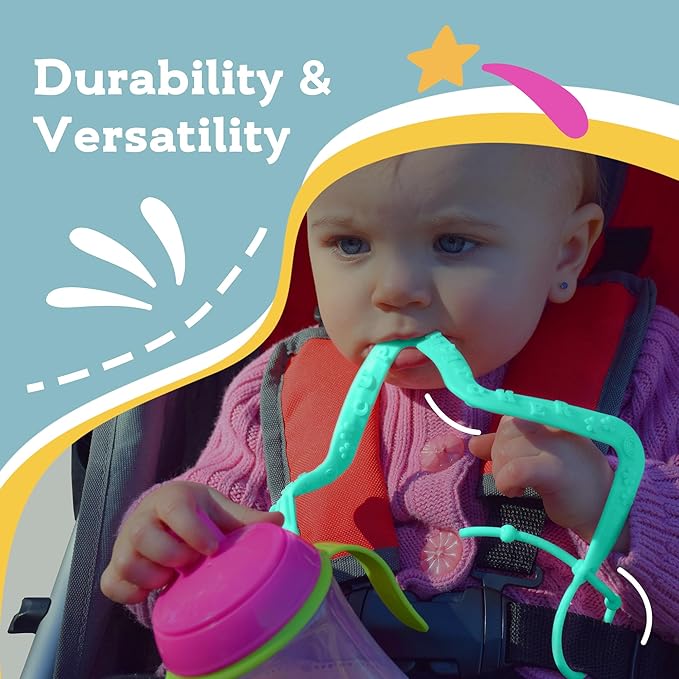 Brilli Baby Cup Catcher Patented Safety Tether Strap, Attach Sippy Cups, Bottles, Pacifiers & More to Stroller, High Chair, Car Seat, Made in USA, Food Grade, Dishwasher Safe (Lavender & Pink)