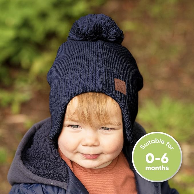 Baby Beanies, Baby Hats for Boys, Girls - Cute Toddler Winter Hat, Soft & Stretchy Beanies for Infant, Newborn 0-6 Months, Cozy & Warm with Earflap Muff & Pom (Navy, S)