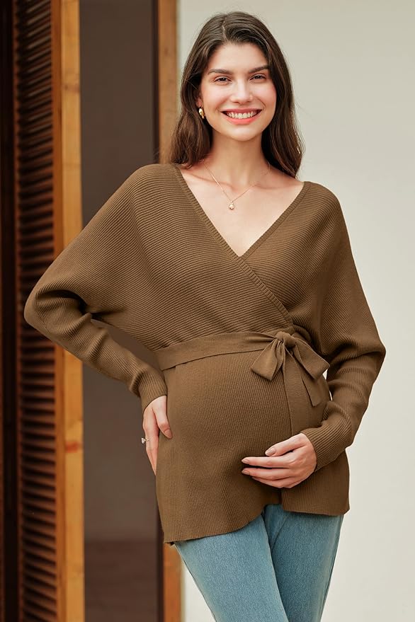 OUGES Womens Soft Cotton Blend Maternity Sweater Wrap V Neck Long Sleeve V Back Fall Shirts Pregnancy Outfits with Belt