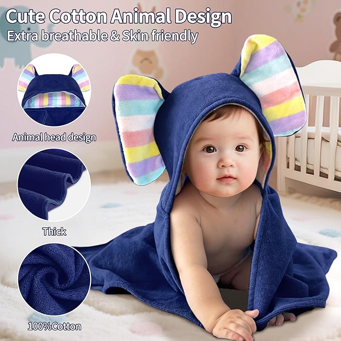 VOOVA & MOVAS Thick Baby Hooded Bath Towel - 100% Cotton,500GSM, 33x31.5 Inches,0-2Years, Super Absorbent Large Towel with Cute Elephant Ears Hood for Newborn, Baby, Infant, Baby Essentials,Navy
