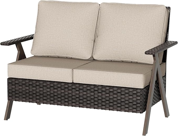 Patio Loveseat, All-Weather Wicker Rattan 2 Seater Sofa with Cushions, Outdoor Patio Furniture Sofa Set for Patio, Balcony, Backyard, Deck, Poolside