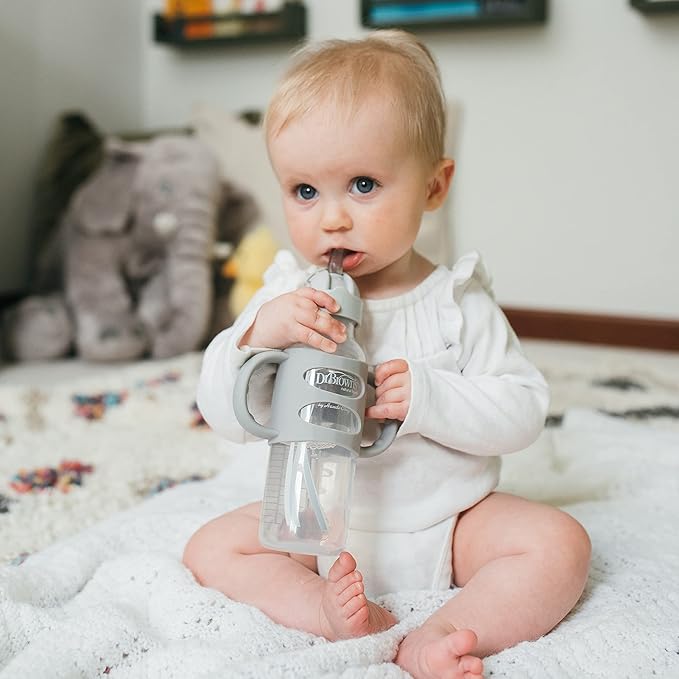 Dr. Brown's Milestones Narrow Sippy Straw Bottle, Spill-Proof with 100% Silicone Handles and Weighted Straw, 8 oz/250 mL, Gray, 6m+