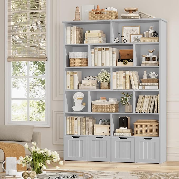 FINETONES 69" H Toy Storage Organizer, 6 Tier Tall Kids Bookshelf with 4 Movable Drawers and 12 Storage Cubbies, 49.4" W Toy Organizers and Storage Organizer Playroom Storage for Kids Room, Grey