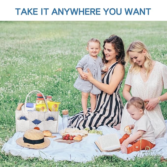 Maliton Baby Diaper Caddy, Nursery Storage Bin & Car Organizer with Handle, Large Felt Bag for Newborn essentials Boy or Girl, Changing Table Organizer for Baby Stuff, 15" x 9" x 7" Baby Shower Basket