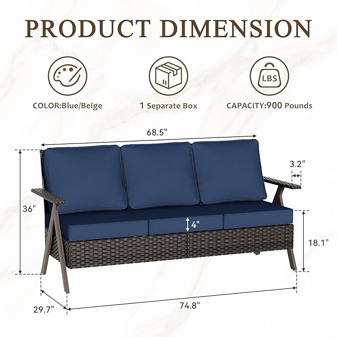 Outdoor Patio Sofa, 3 Seater Rattan Sofa for Outside, All-Weather Wicker Outdoor Sofa Couch with Metal Frame for Deck, Lawn