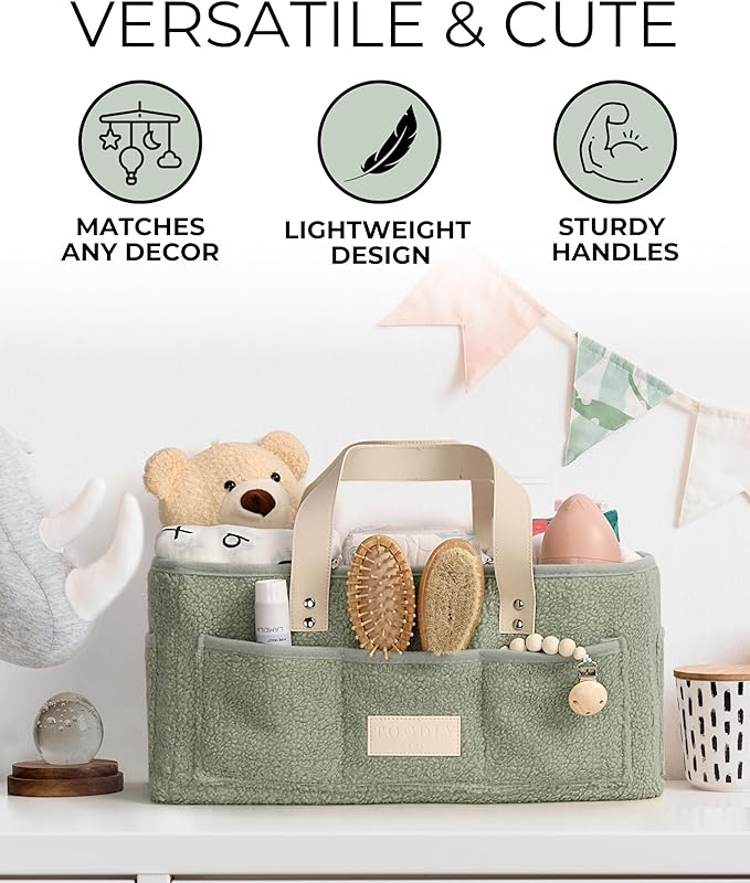 Baby Diaper Caddy Organizer with Portable Changing Mat - Teddy Fleece Diaper Organizer for Changing Table - Basket for Changing Essentials - Baby Essentials Organizer with Removable Dividers