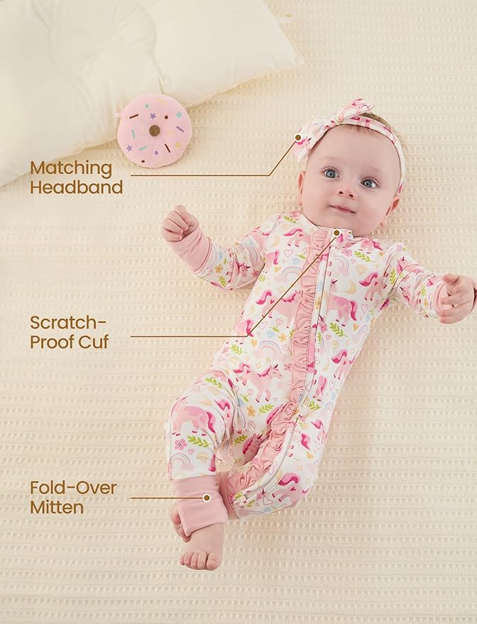 PATPAT Baby Girl Boy Clothes Newborn Infant Footie – Soft Viscose from Bamboo– 2-Way Zipper, Fold-Over Mitten, Ruffle Trim