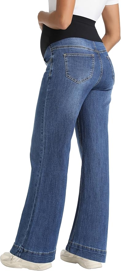 Foucome Women's Maternity Jeans Wide Leg Trendy Comfy Stretchy Straight Leg Pregnancy Denim Pants