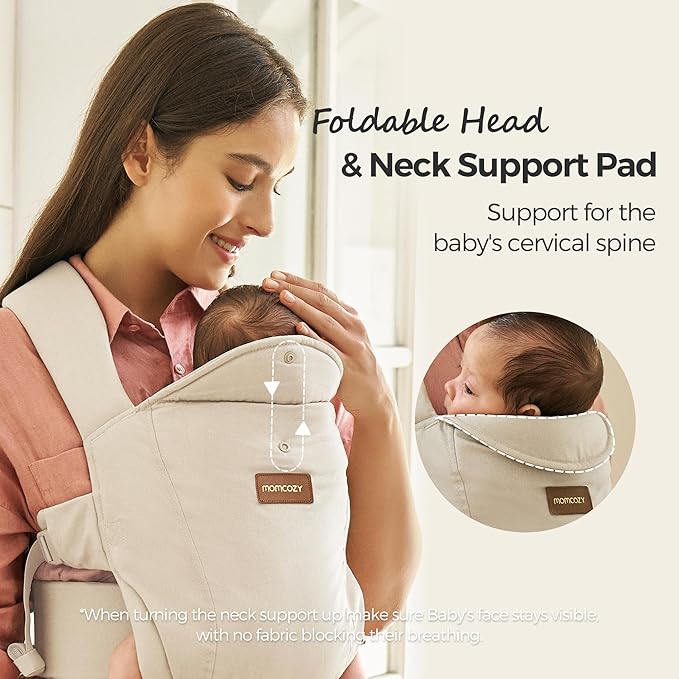 Momcozy Newborn Carrier WeeSnug- Lightweight and Cozy Comfort for 7-25 lbs, Ergonomic Cross-Back Support, Effortless to Put On, Hands-Free Baby Carrier with Lumbar Support, Khaki