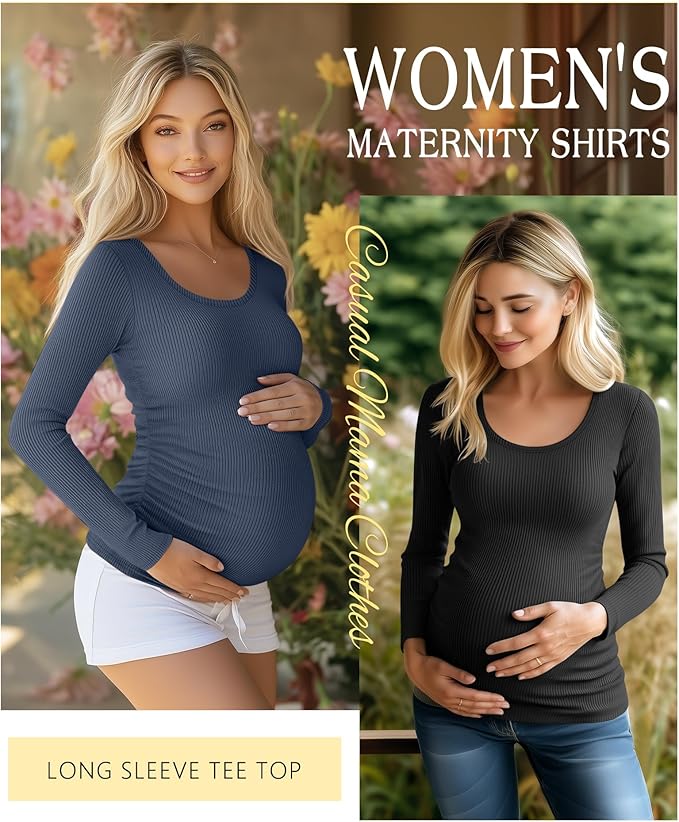 Riyiper 4 Pack Women's Maternity Shirts, Long Sleeve Cotton Ribbed Pregnancy Tee Top Crewneck Side Ruched Casual Mama Clothes