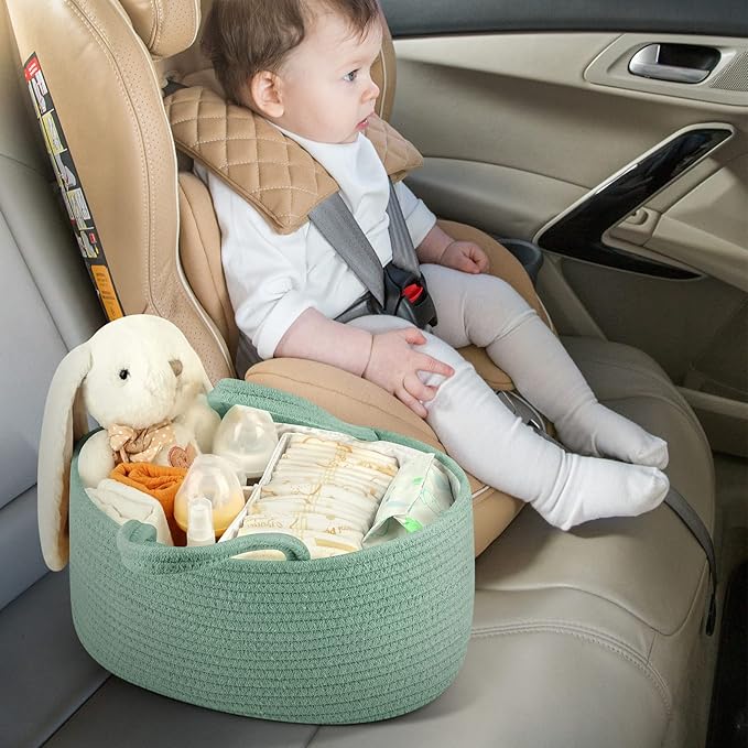 Maliton Diaper Caddy Organizer for Baby, Portable Diaper Storage Organizer for Changing Table and Car, Cotton Rope Nursery Storage Bin Basket for Baby Shower, Newborn Essentials Must Haves - Green