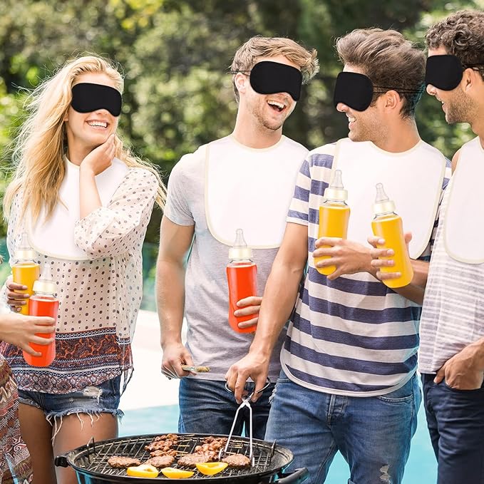 Leinuosen 24 Pcs Baby Shower Blindfold Feeding Game Set Include 6 Plastic Chug Bottles 6 Bib and 12 Eye Mask Blindfold Baby Feeding Bottle Chug Game for Adult Gender Reveal Party Supplies(Milky White)
