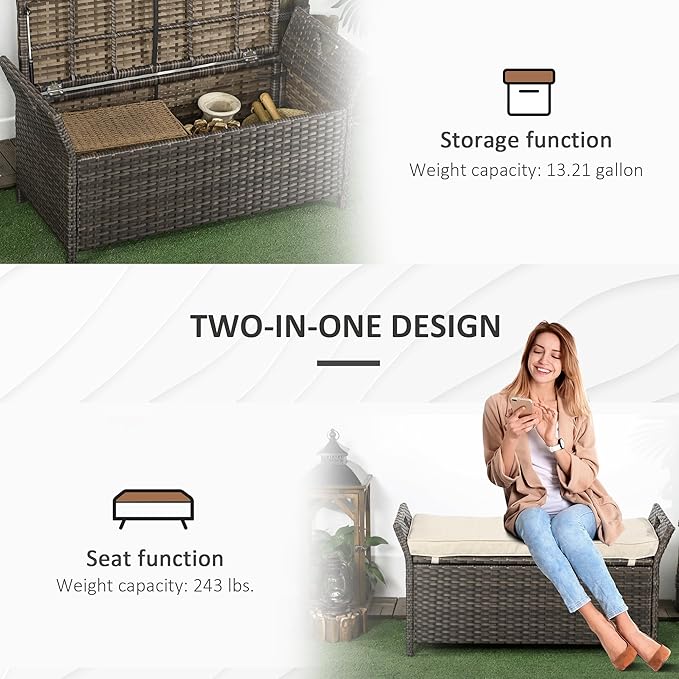 Outsunny 29 Gallon Patio Wicker Storage Bench, Outdoor PE Rattan Patio Furniture, 2-in-1 Large Capacity Rectangle Garden Storage Box with Handles and Cushion, Cream White
