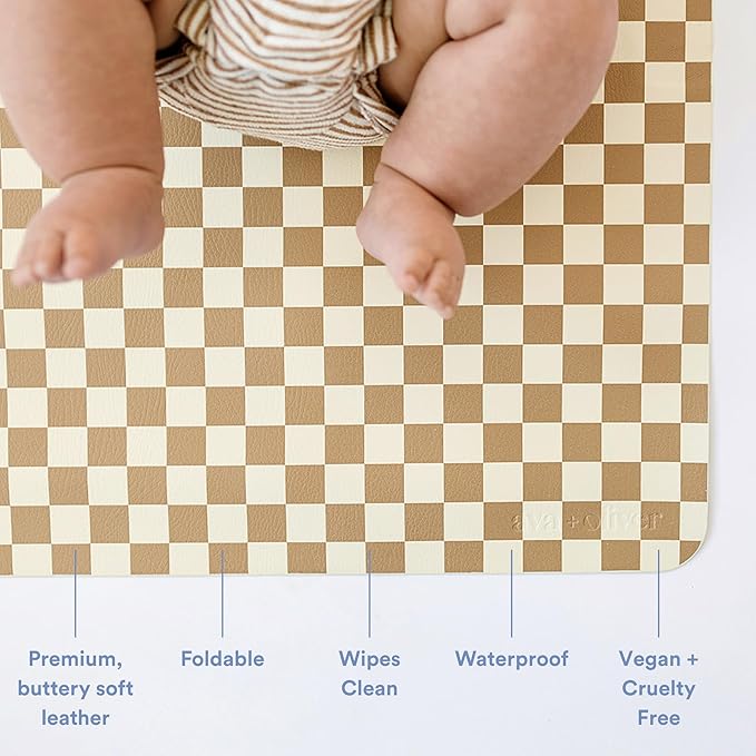 Ava + Oliver Vegan Leather Baby Changing Mat (16 X 30 in) - Multipurpose Wipeable and Portable Diaper Changing Pad - Foldable for Travel (Mocha Checker)
