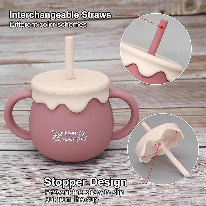 Honey Jar Pot 3-in-1 Silicone Training Cup 8.5oz, Baby Sippy Cup with Straw & Snack Cup for 6 months+ Straw Cup for Baby Girl Gift, Open Cup Toddler Smoothie Drinkware (Pretty in Pink)