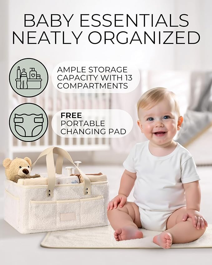 Baby Diaper Caddy Organizer with Portable Changing Mat - Teddy Fleece Diaper Organizer for Changing Table - Basket for Changing Essentials - Baby Essentials Organizer with Removable Dividers