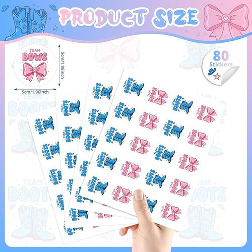 80Pcs Funny Boot and Bow Gender Reveal Stickers Roll, 2 inch Team Boy Team Girl Gender Reveal Labels, Pink and Blue Self-Adhesive Decorative Round Stickers for Birthday Baby Shower Party Supplies